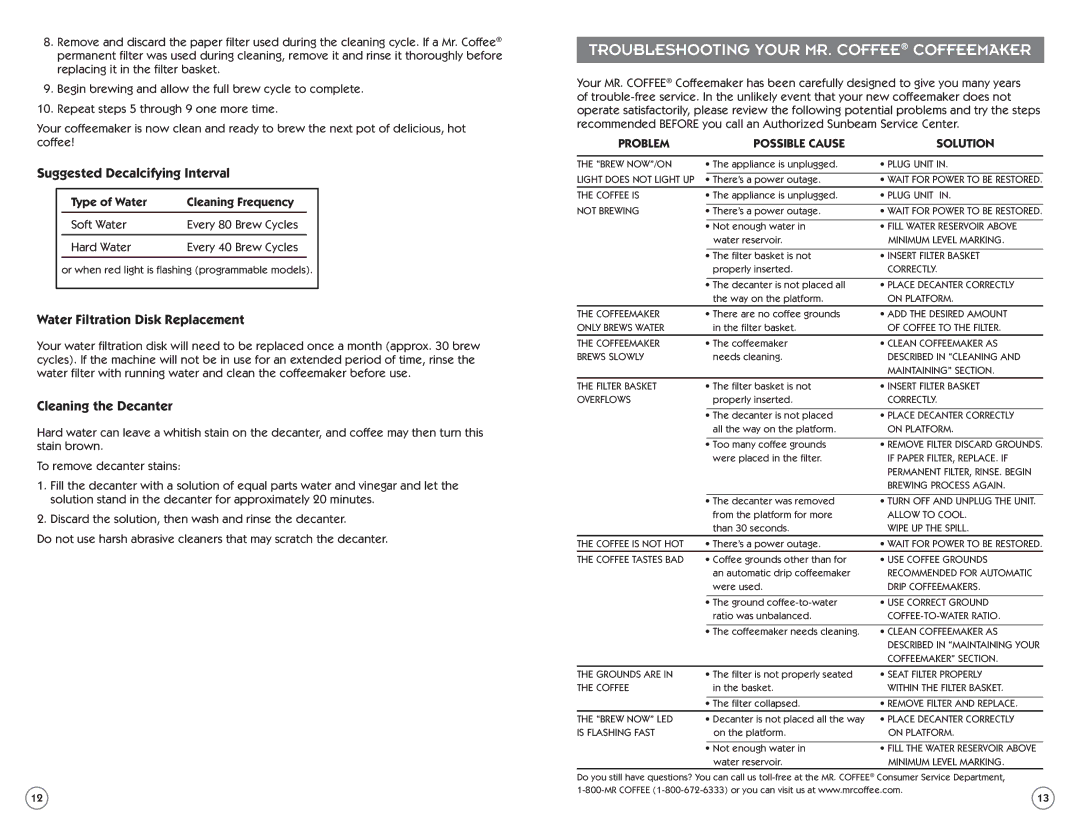 Mr. Coffee PSTX Series manual Suggested Decalcifying Interval, Water Filtration Disk Replacement, Cleaning the Decanter 