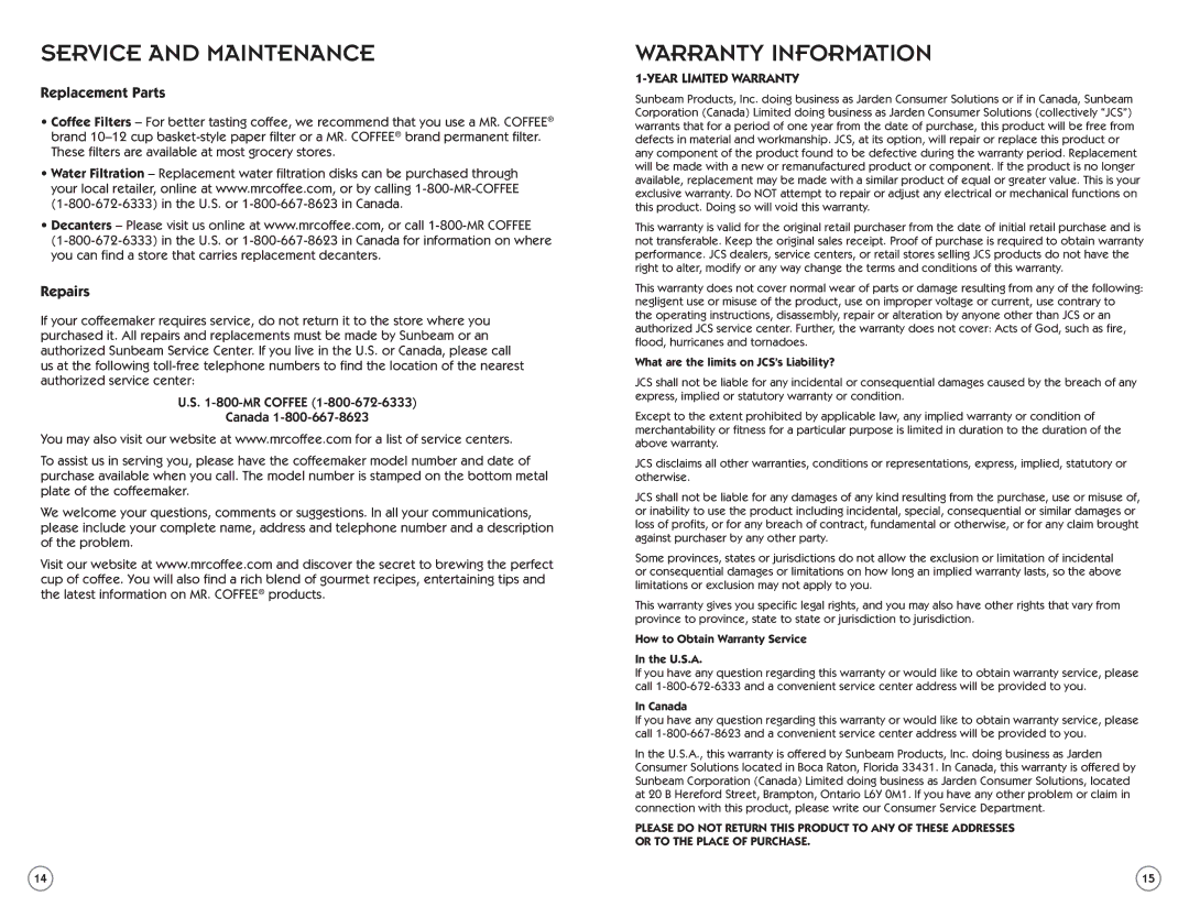 Mr. Coffee PSTX Series manual Service and Maintenance, Warranty Information, Replacement Parts, Repairs 