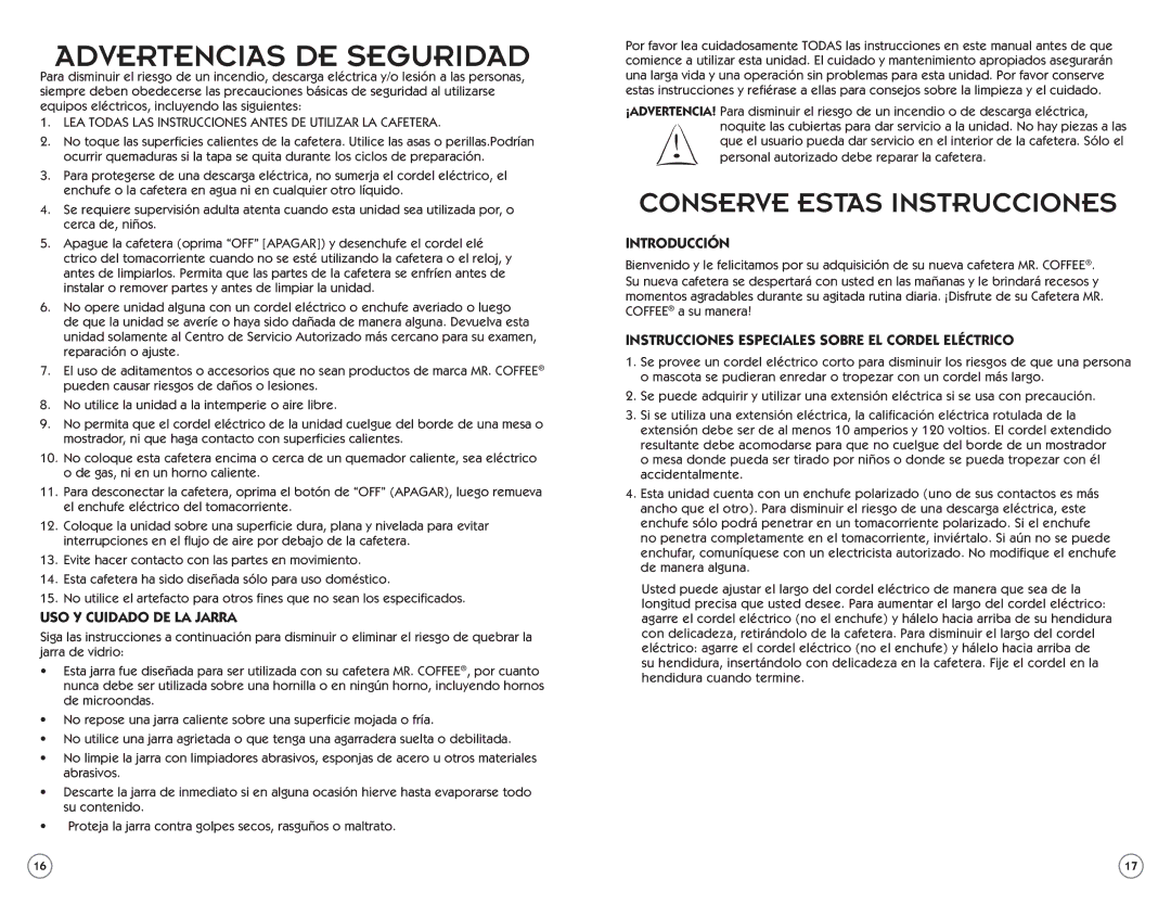 Mr. Coffee PSTX Series manual Advertencias DE Seguridad 