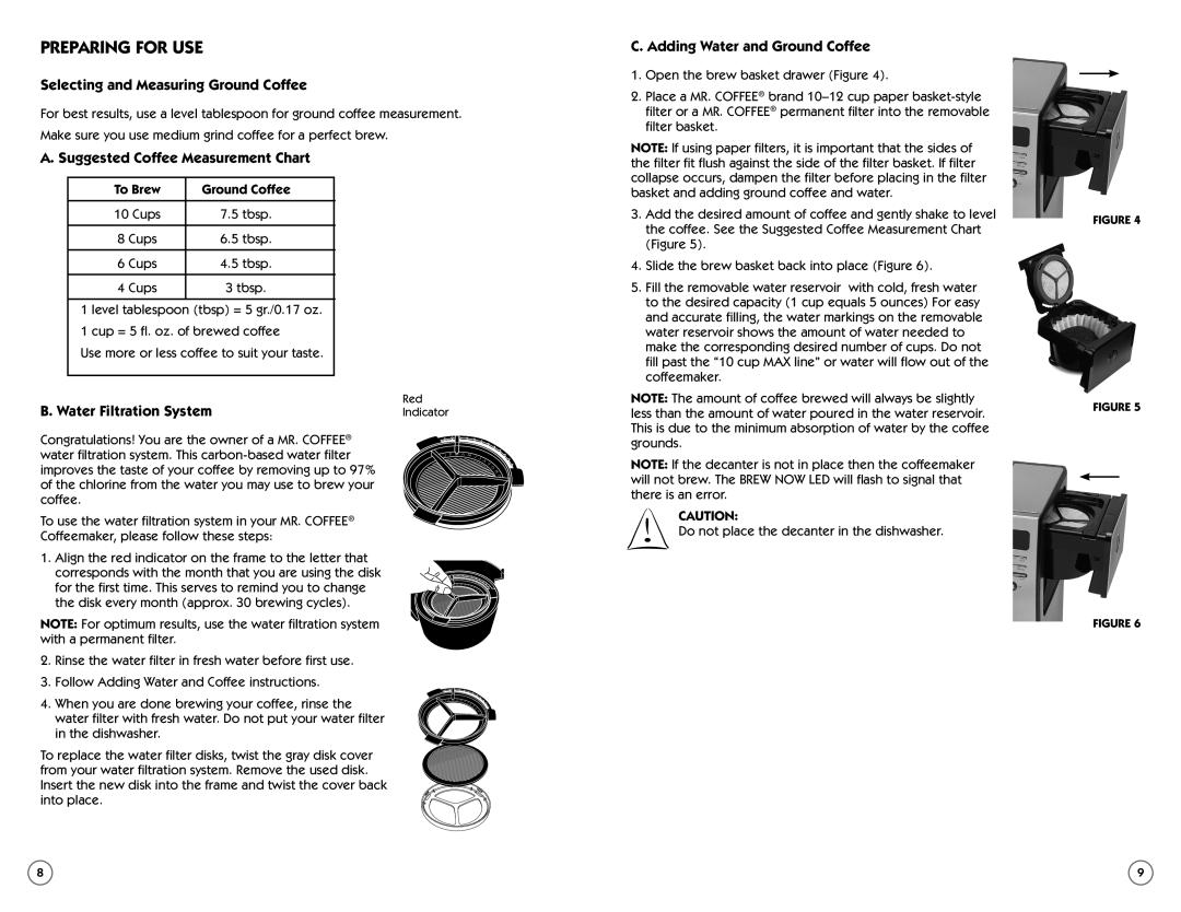 Mr. Coffee PSTX Series Preparing For Use, Selecting and Measuring Ground Coffee, A. Suggested Coffee Measurement Chart 
