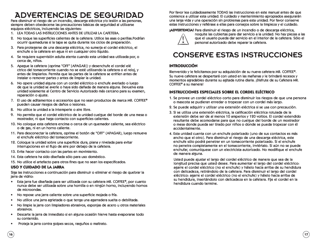 Mr. Coffee PSTX Series Advertencias De Seguridad, Conserve Estas Instrucciones, Uso Y Cuidado De La Jarra, Introducción 