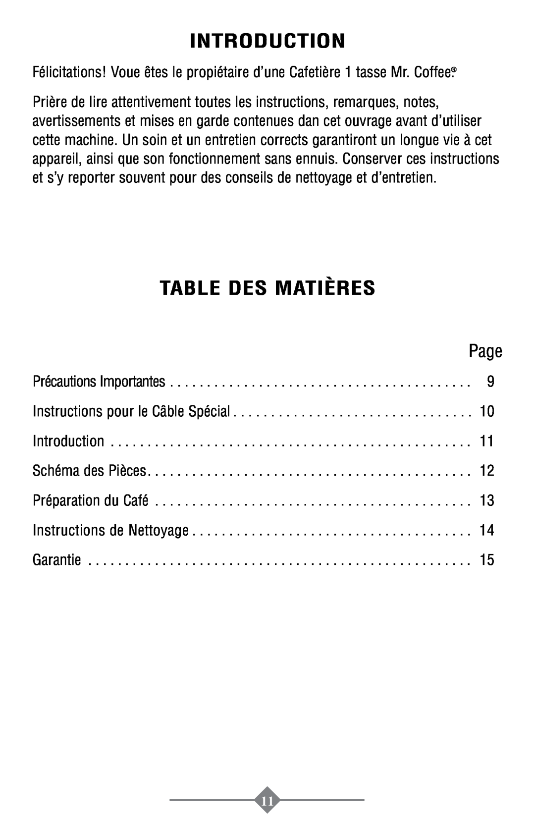 Mr. Coffee PTC13-100 Table Des Matières, Introduction, Page, Précautions Importantes Instructions pour le Câble Spécial 