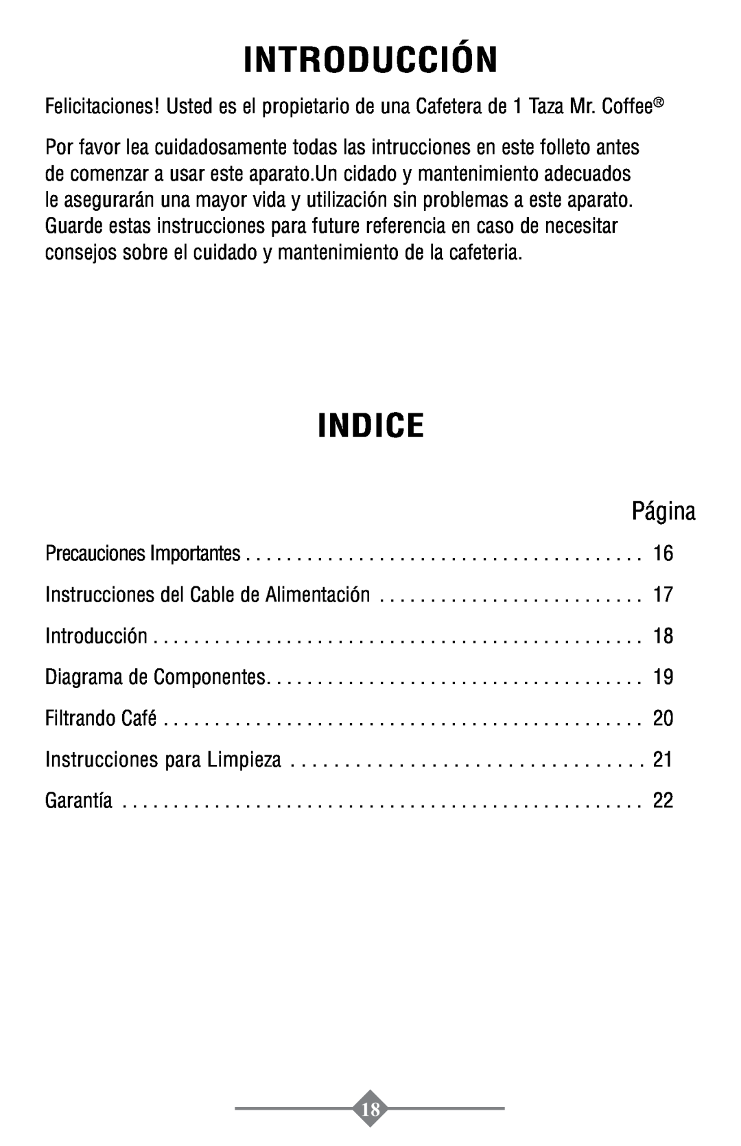Mr. Coffee PTC13-100 instruction manual Página, Introducción, Indice 