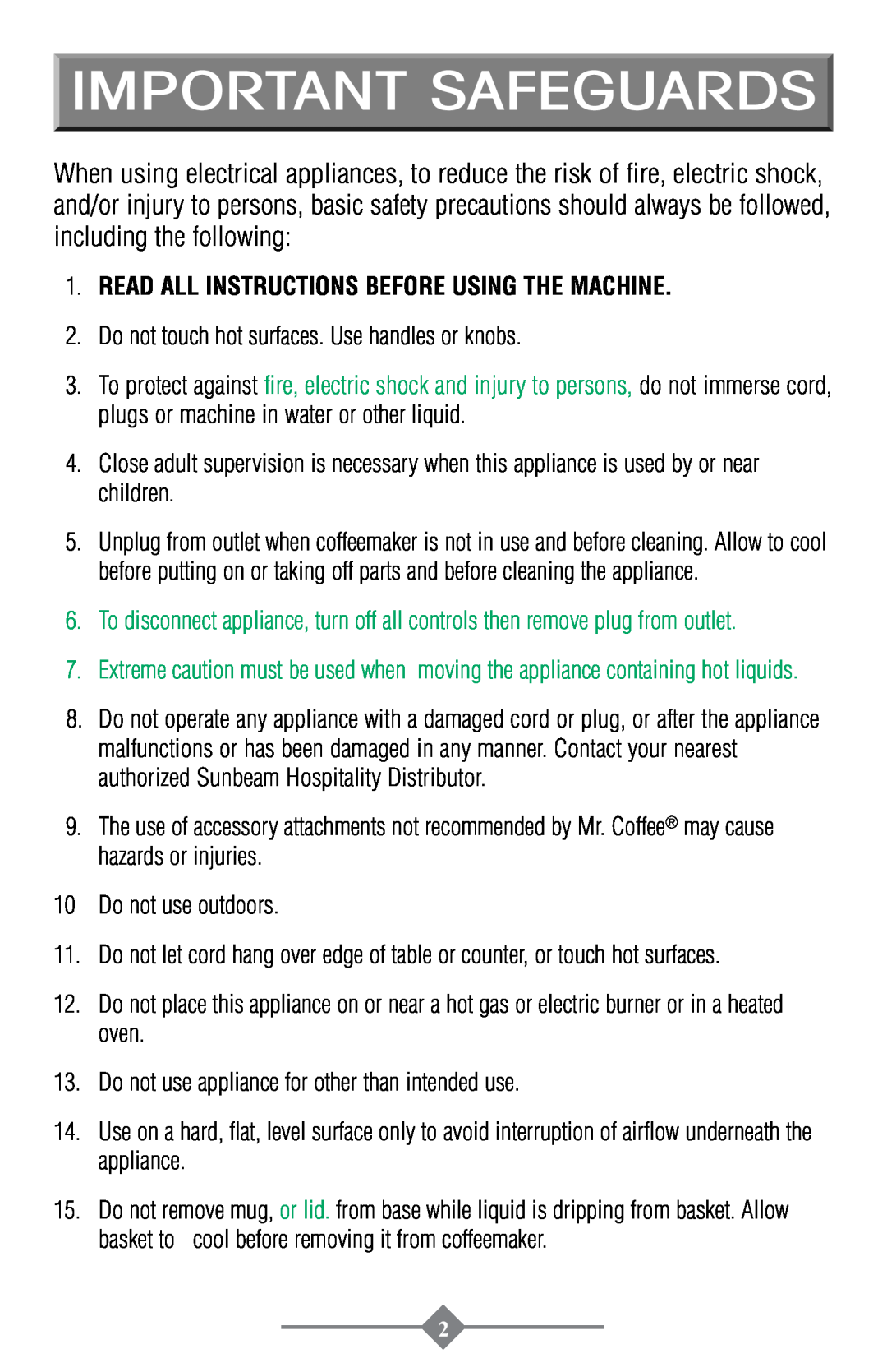 Mr. Coffee PTC13-100 instruction manual Read all instructions before using the machine, Important Safeguards 