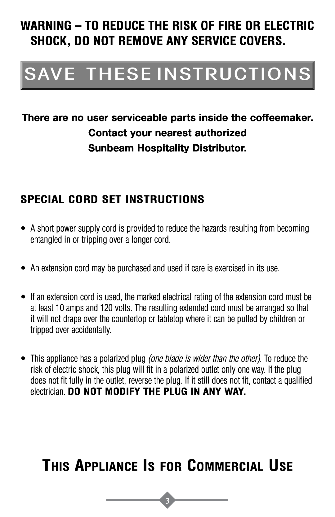 Mr. Coffee PTC13-100 Save These Instructions, This Appliance Is for Commercial Use, Special Cord Set Instructions 