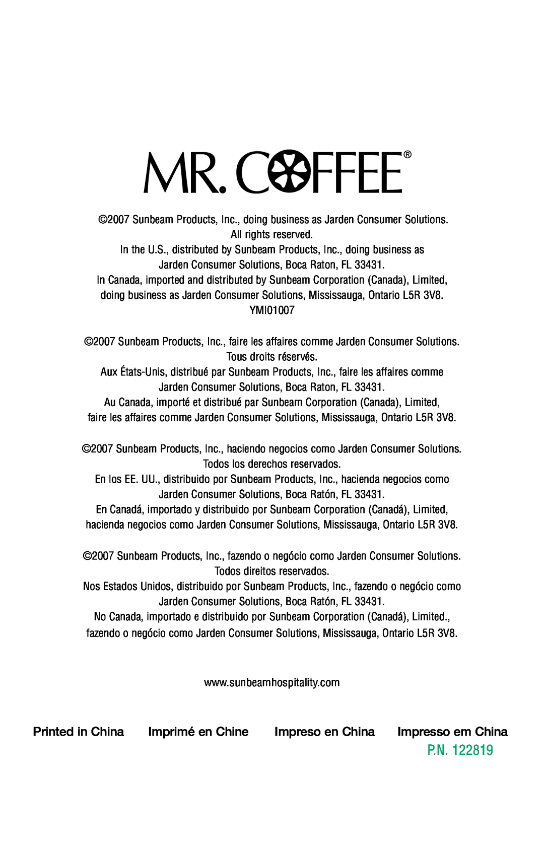Mr. Coffee PTC13-100 instruction manual Imprimé en Chine, Impreso en China 