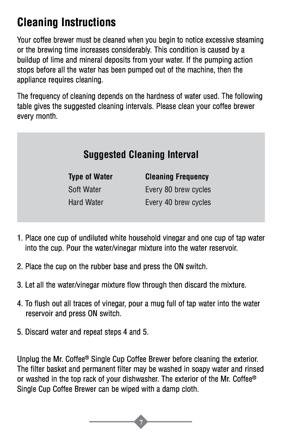 Mr. Coffee PTC13-100 instruction manual Cleaning Instructions, Suggested Cleaning Interval, Type of Water 