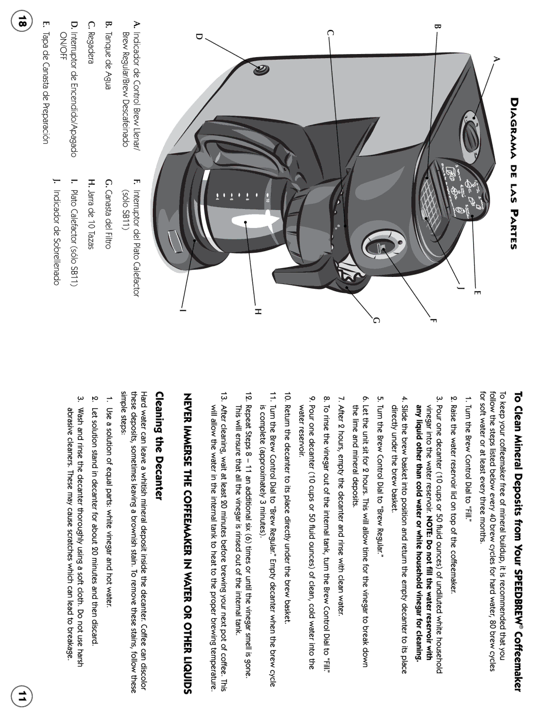 Mr. Coffee SB Diagrama DE LAS Partes, Cleaning the Decanter, To Clean Mineral Deposits from Your Speedbrew Coffeemaker 