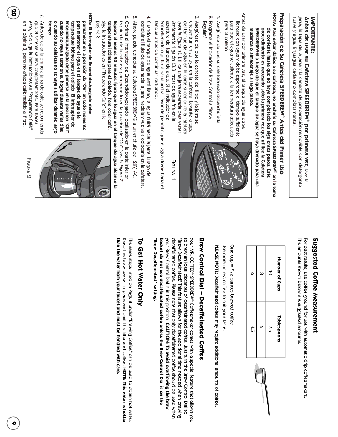 Mr. Coffee SB user manual Suggested Coffee Measurement, Brew Control Dial Decaffeinated Coffee, To Get Hot Water Only 