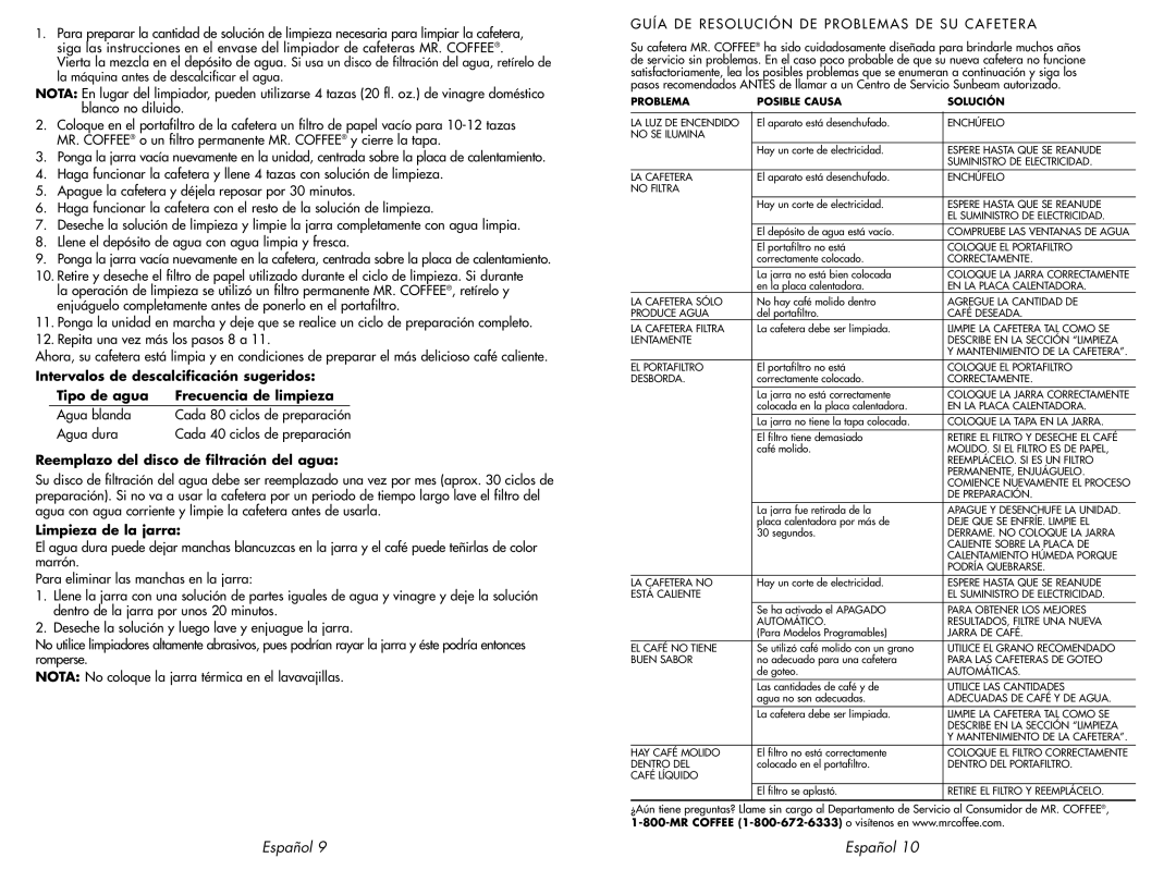 Mr. Coffee SKX23, SK23 user manual Agua blanda, Agua dura, Reemplazo del disco de filtración del agua, Limpieza de la jarra 