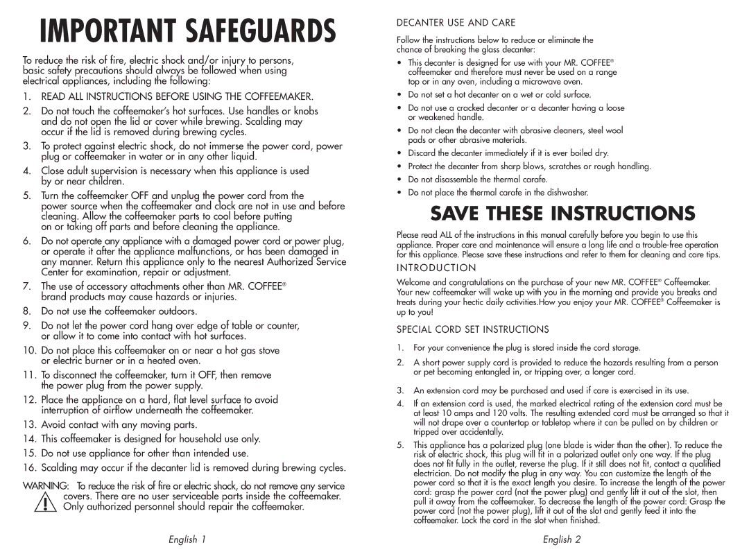 Mr. Coffee SKX23, SK23 user manual DEC ANT ER USE and Care, Trod Ucti on, Specia L Cord SET Instru Ctions 