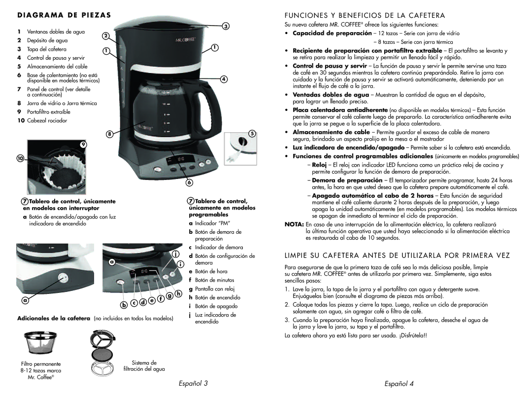 Mr. Coffee SK23 FUN CIO NES Y Bene Fici OS DE LA CA Fetera, Tablero de control, únicamente en modelos con interruptor 