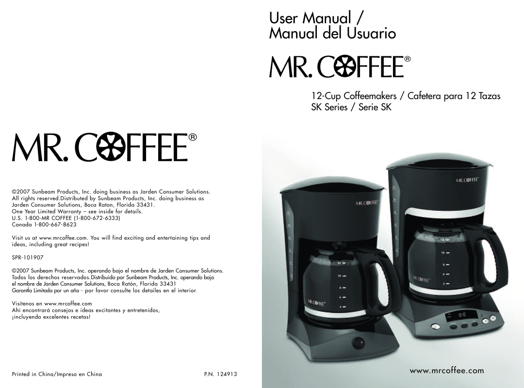 Mr. Coffee SK23, SKX23 user manual Cup Coffeemakers / Cafetera para 12 Tazas SK Series / Serie SK 