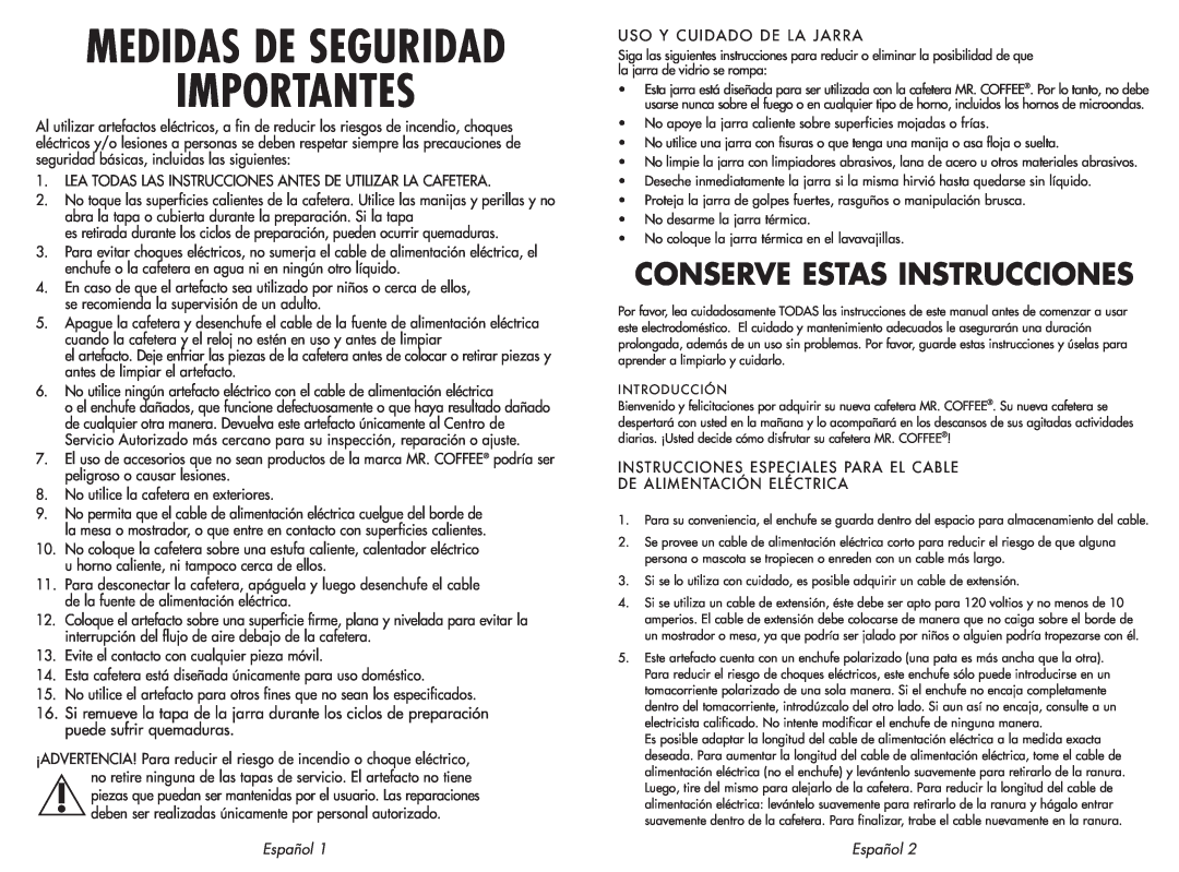 Mr. Coffee SKX23, SK23 user manual Medidas De Seguridad, Conserve Estas Instrucciones, Importantes, Español 