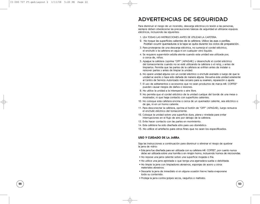 Mr. Coffee SPR-030308 user manual Advertencias DE Seguridad, USO Y Cuidado DE LA Jarra 