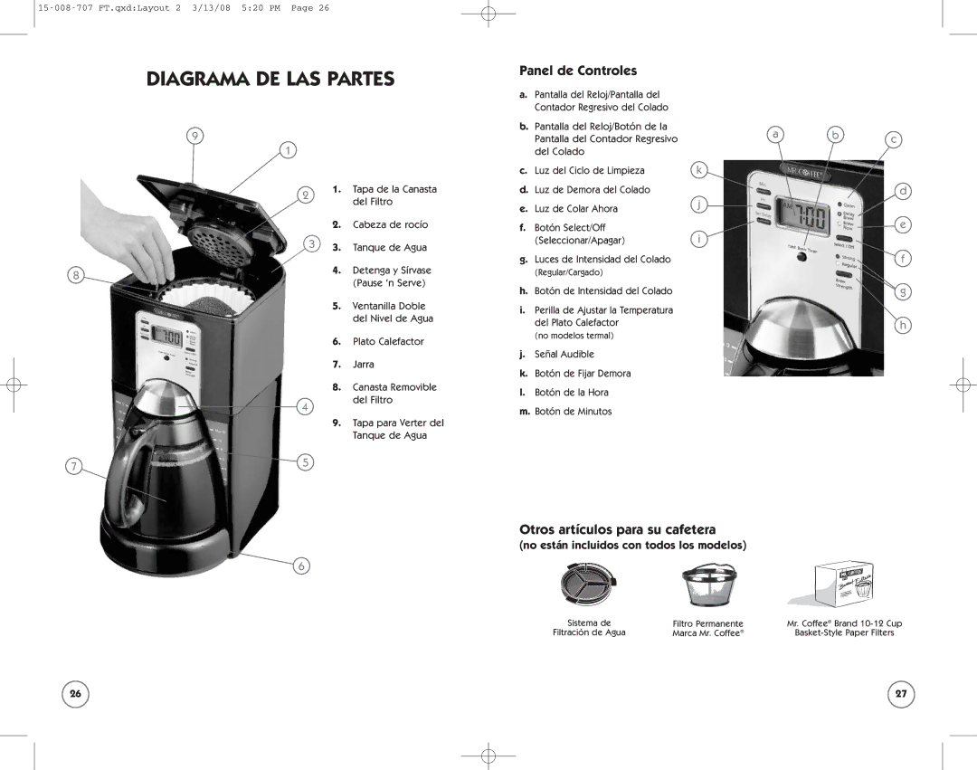 Mr. Coffee SPR-030308 Panel de Controles, Otros artículos para su cafetera, No están incluidos con todos los modelos 