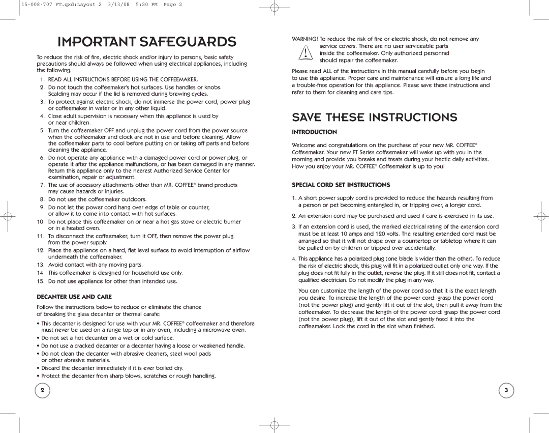 Mr. Coffee SPR-030308 user manual Decanter USE and Care, Introduction, Special Cord SET Instructions 