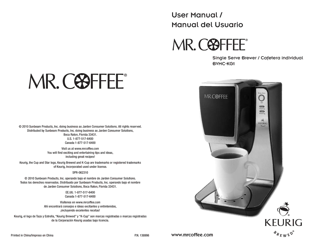 Mr. Coffee 138998, SPR-062310, BVMC-KG1 manual Manual del Usuario 