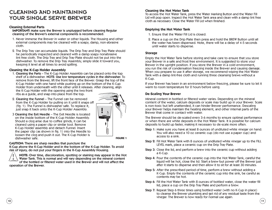 Mr. Coffee SPR-062310, 138998, BVMC-KG1 manual Cleaning and Maintaining Your Single Serve Brewer 