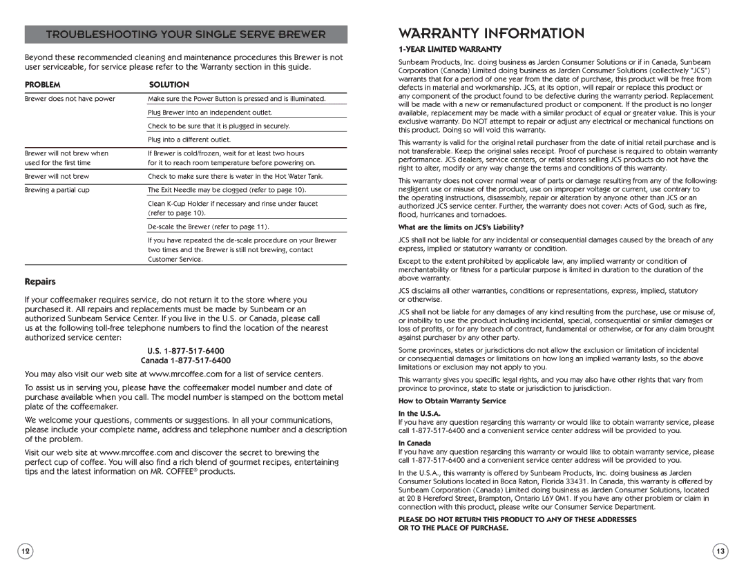 Mr. Coffee 138998, SPR-062310, BVMC-KG1 manual Warranty Information, Repairs 