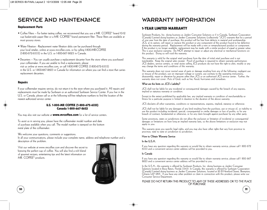 Mr. Coffee SPR-101006 manual Service and Maintenance, Warranty Information, Year Limited Warranty 