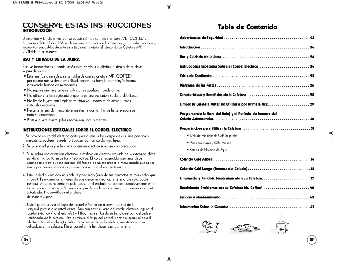 Mr. Coffee SPR-101006 manual Conserve Estas Instrucciones, Introducción, USO Y Cuidado DE LA Jarra, Tabla de Continedo 