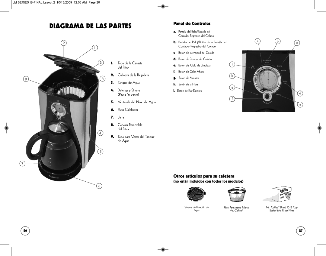 Mr. Coffee SPR-101006 manual Cubierta de la Regadera Tanque de Agua, Ventanilla del Nivel de Agua Plato Calefactor Jarra 