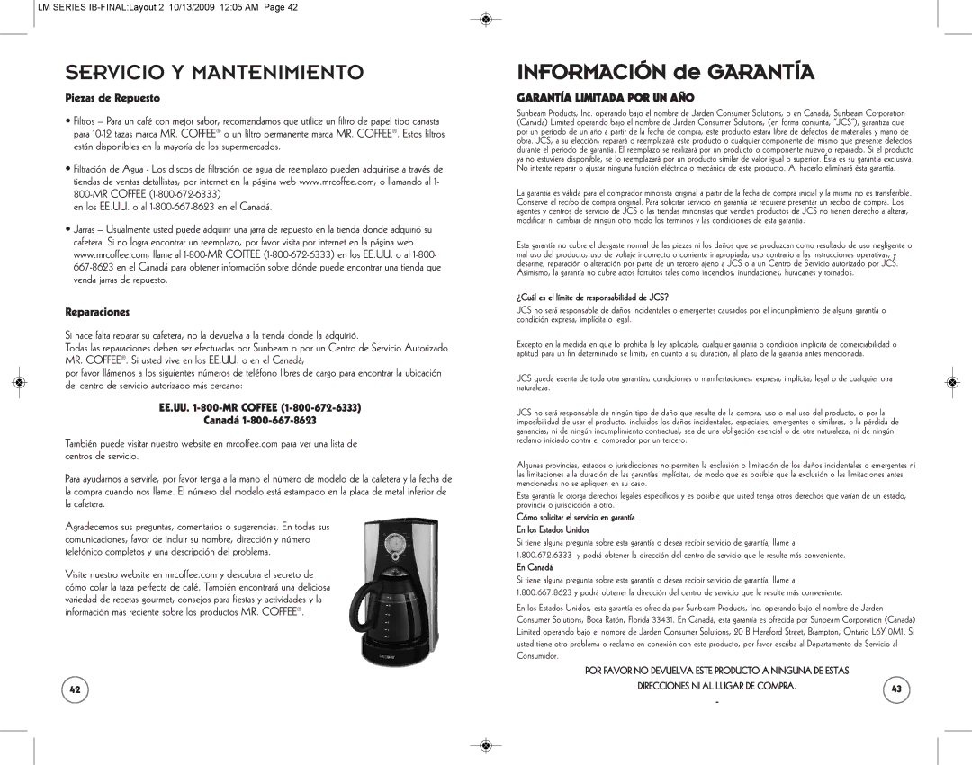 Mr. Coffee SPR-101006 manual Servicio Y Mantenimiento, Piezas de Repuesto, En los EE.UU. o al 1-800-667-8623 en el Canadá 