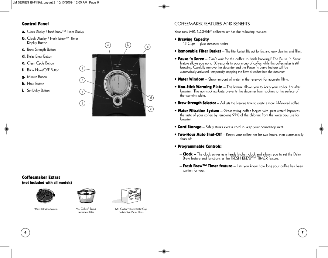 Mr. Coffee SPR-101006 manual Brewing Capacity, Programmable Controls, Not included with all models 