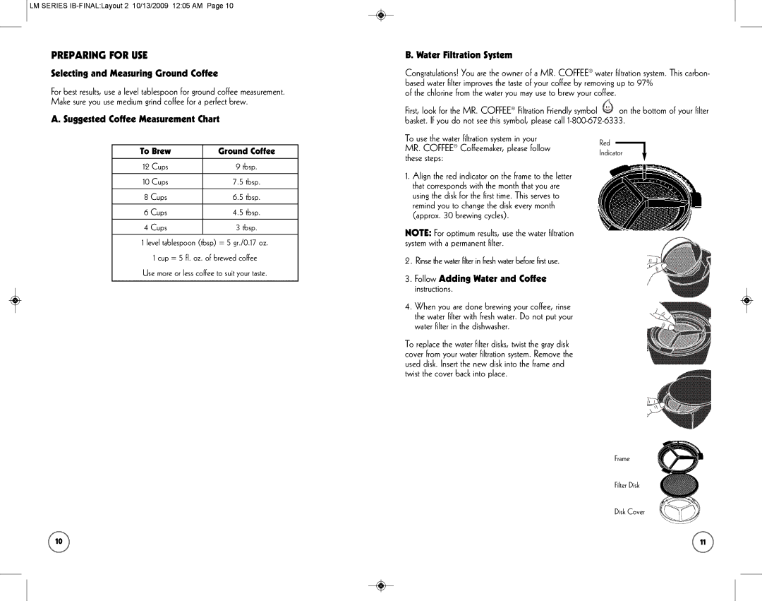 Mr. Coffee SPR-101006 manual Preparing for USE, Selecting and Measuring Ground Coffee, Suggested Coffee Measurement Chart 