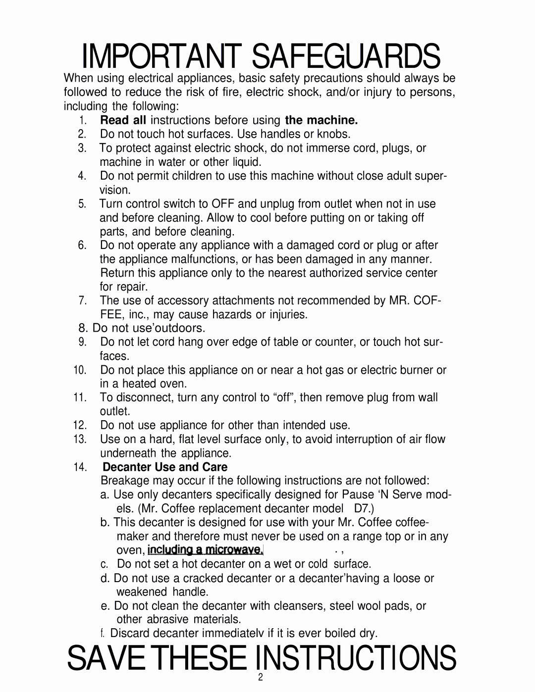 Mr. Coffee SRX55, SR10 manual Important Safeguards, Decanter Use and Care 
