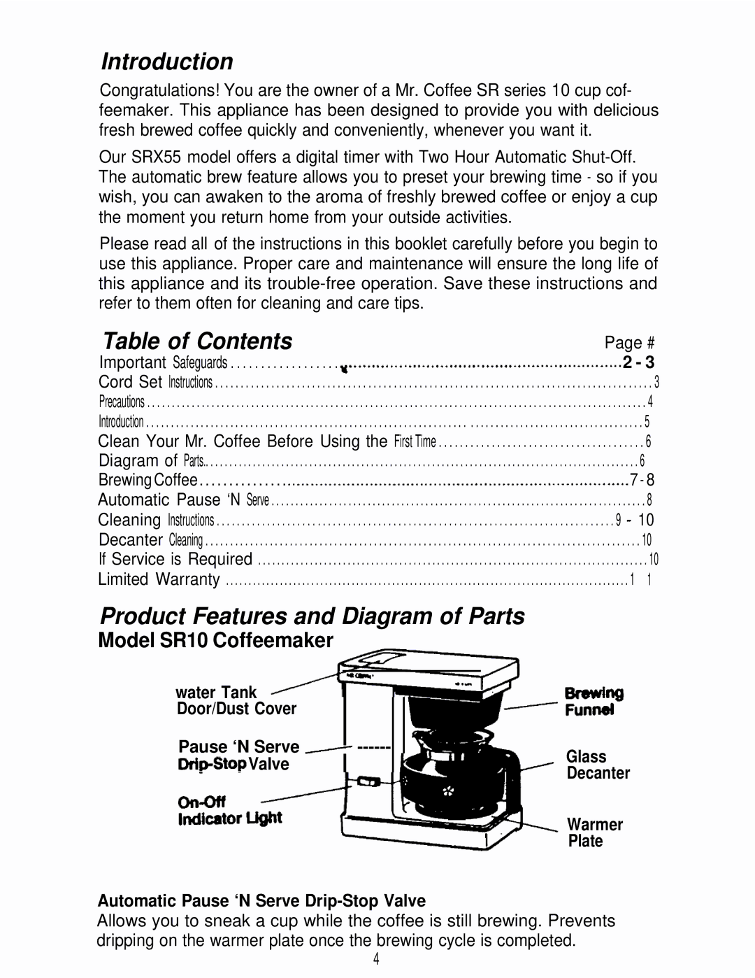 Mr. Coffee SRX55, SR10 manual Introduction, Table of Contents, Product Features and Diagram of Parts 