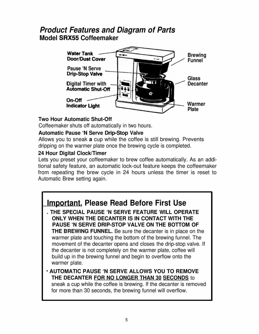 Mr. Coffee SR10, SRX55 manual Important, Please Read Before First Use 