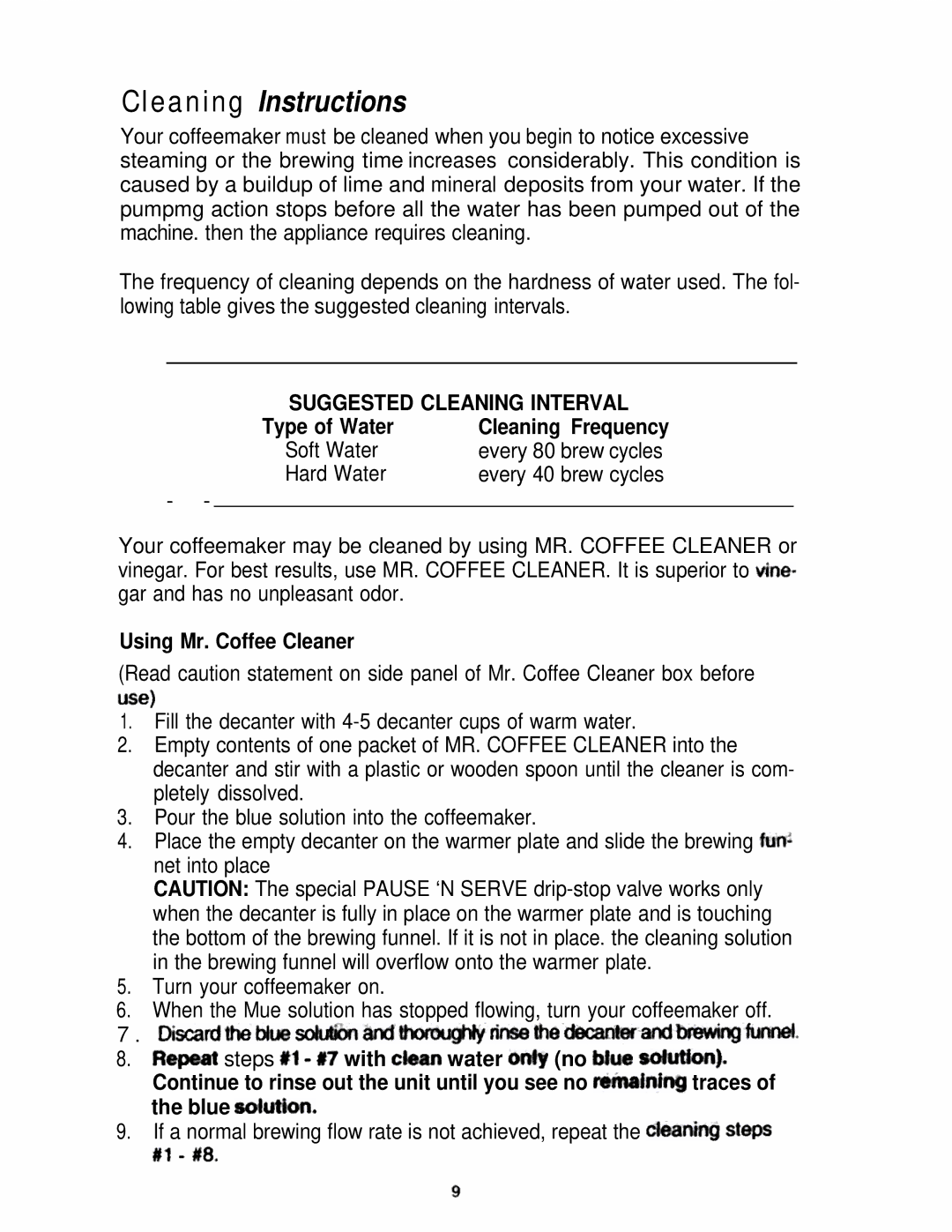 Mr. Coffee SR10, SRX55 manual Cleaning Instructions, Suggested Cleaning Interval, Type of Water, Using Mr. Coffee Cleaner 