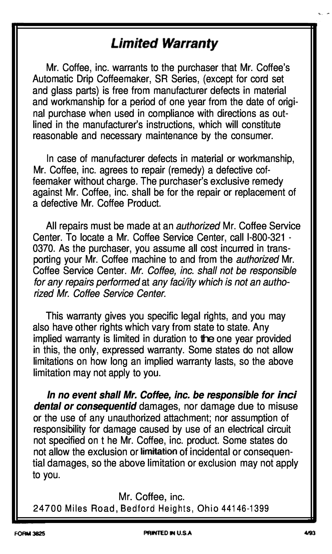 Mr. Coffee SRX55, SR10 manual Mr. Coffee, inc, Miles Road, Bedford Heights, Ohio 