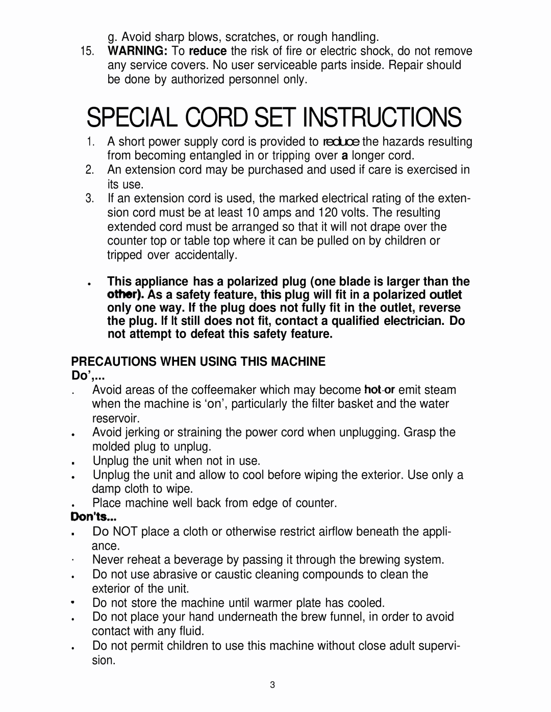 Mr. Coffee SR10, SRX55 manual PRECAUTIONS WHEN USING THIS MACHINE Do’, Don%, Special Cord Set Instructions 