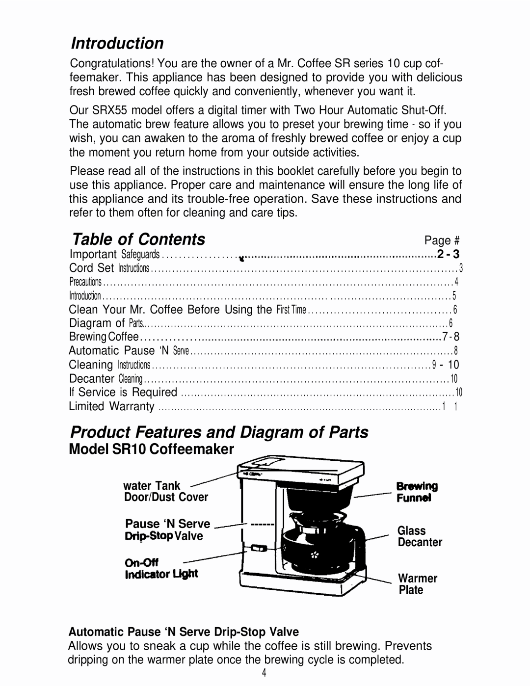 Mr. Coffee SRX55 manual Introduction, Table of Contents, Product Features and Diagram of Parts, Model SR10 Coffeemaker 