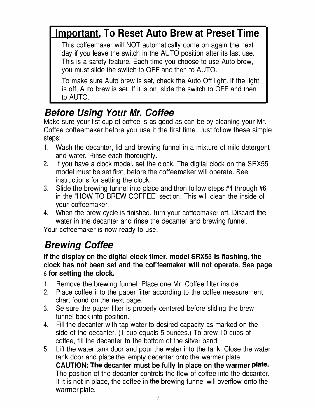 Mr. Coffee SR10, SRX55 manual Important, To Reset Auto Brew at Preset Time, Before Using Your Mr. Coffee, Brewing Coffee 