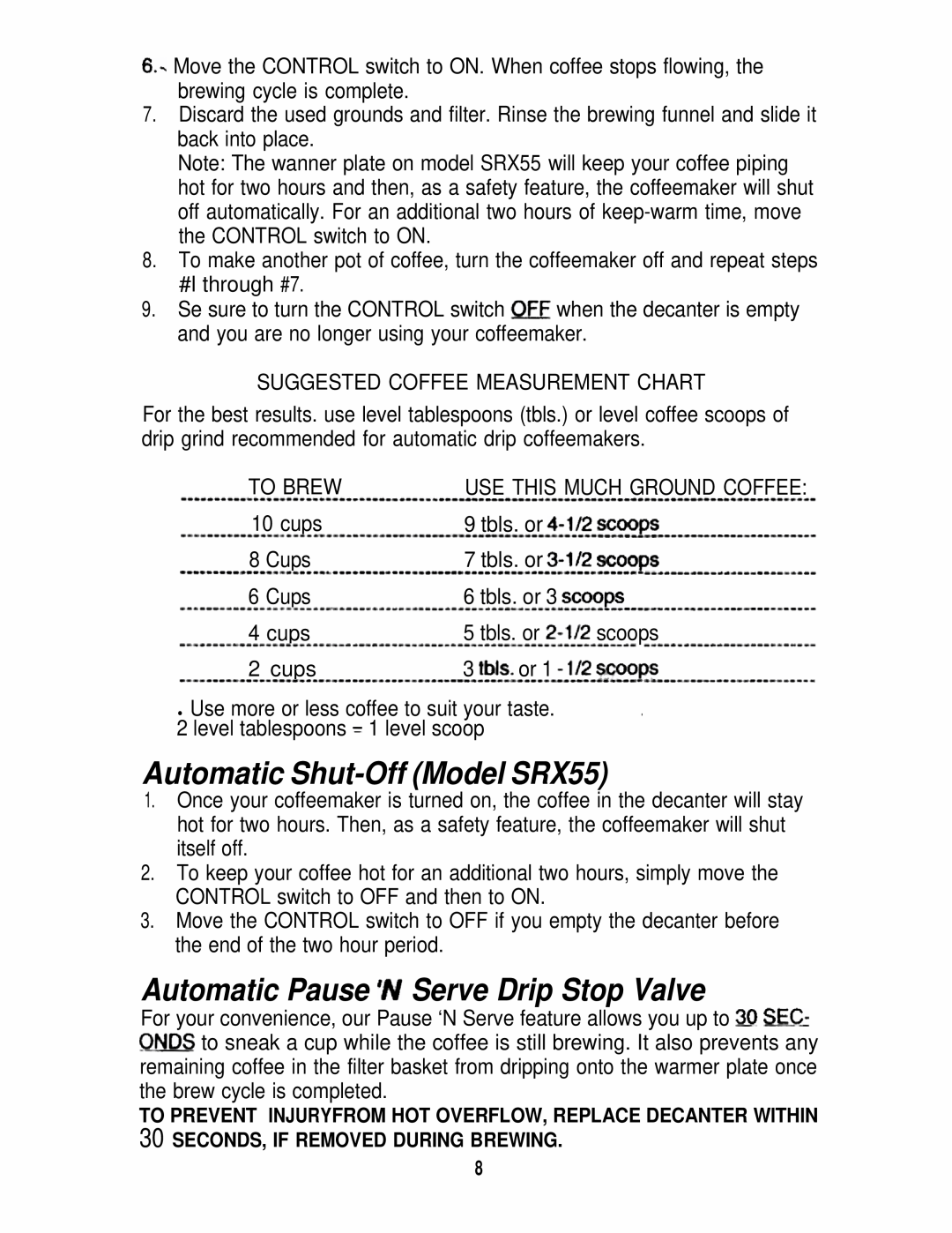 Mr. Coffee SR10 manual Automatic Shut-OffModel SRX55, Automatic Pause ‘U Serve Drip Stop Valve 