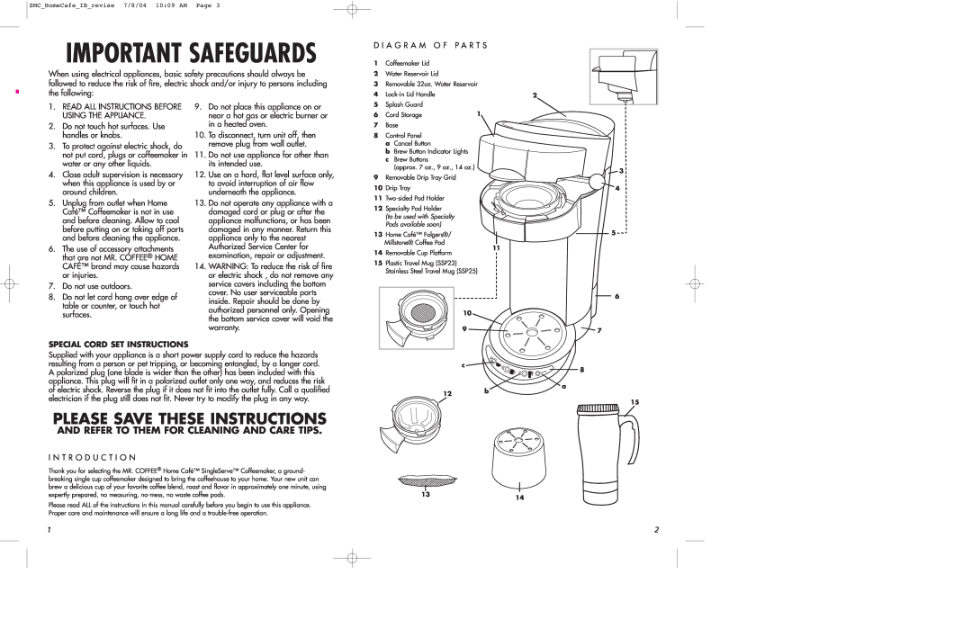 Mr. Coffee SSP10, SSP25 Important Safeguards, And Refer To Them For Cleaning And Care Tips, Special Cord Set Instructions 