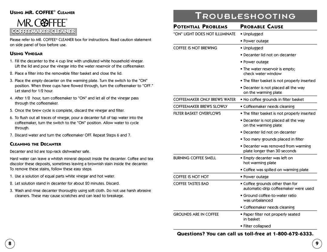 Mr. Coffee TF5, TF4 user manual Potential Problems Probable Cause, Using Vinegar, Cleaning the Decanter 