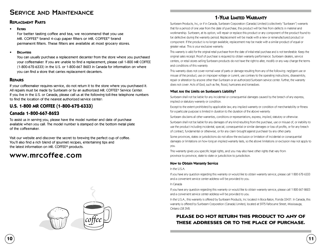 Mr. Coffee TF4, TF5 user manual Service and Maintenance, Year Limited Warranty, Replacement Parts, Repairs 