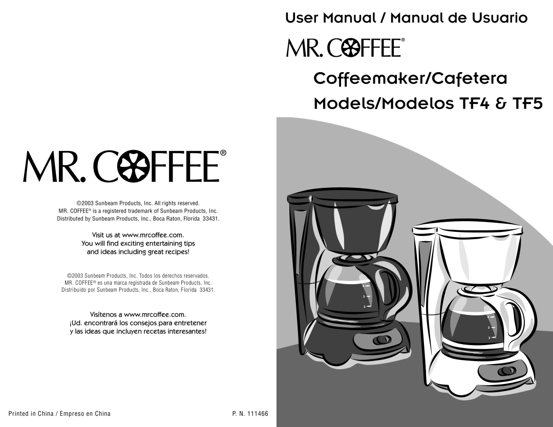 Mr. Coffee user manual User Manual / Manual de Usuario, Coffeemaker/Cafetera Models/Modelos TF4 & TF5 