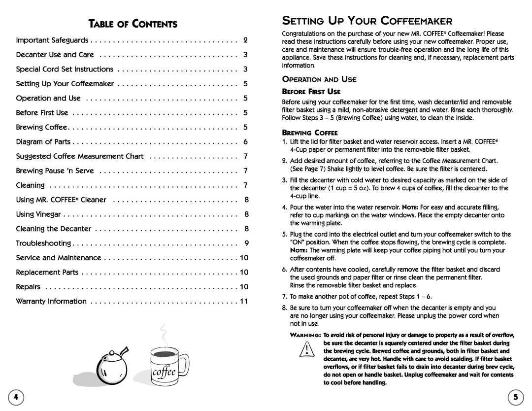 Mr. Coffee TF5, TF4 user manual coffee, Setting Up Your Coffeemaker, Table Of Contents 