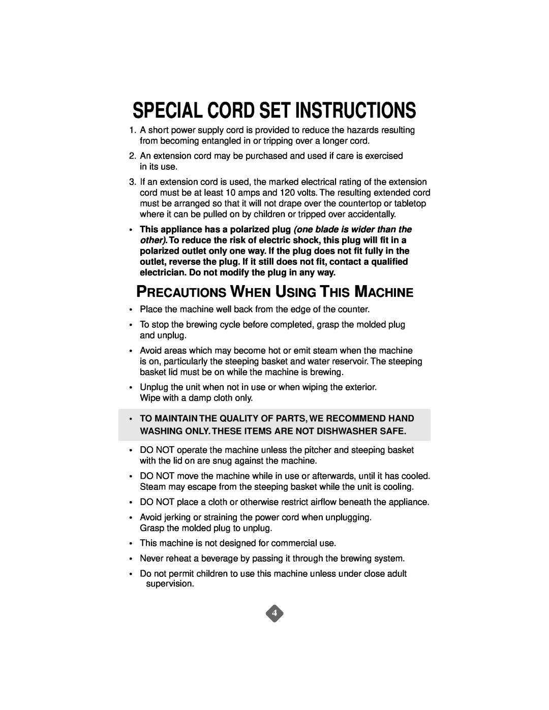 Mr. Coffee TM1 instruction manual Precautions When Using This Machine, Special Cord Set Instructions 
