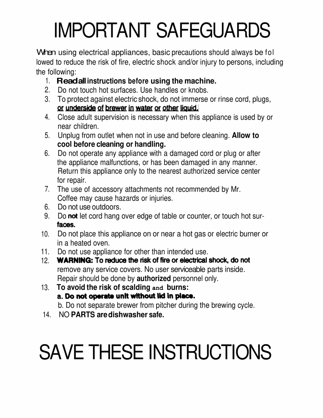 Mr. Coffee TM10, TM5 operating instructions Important Safeguards 