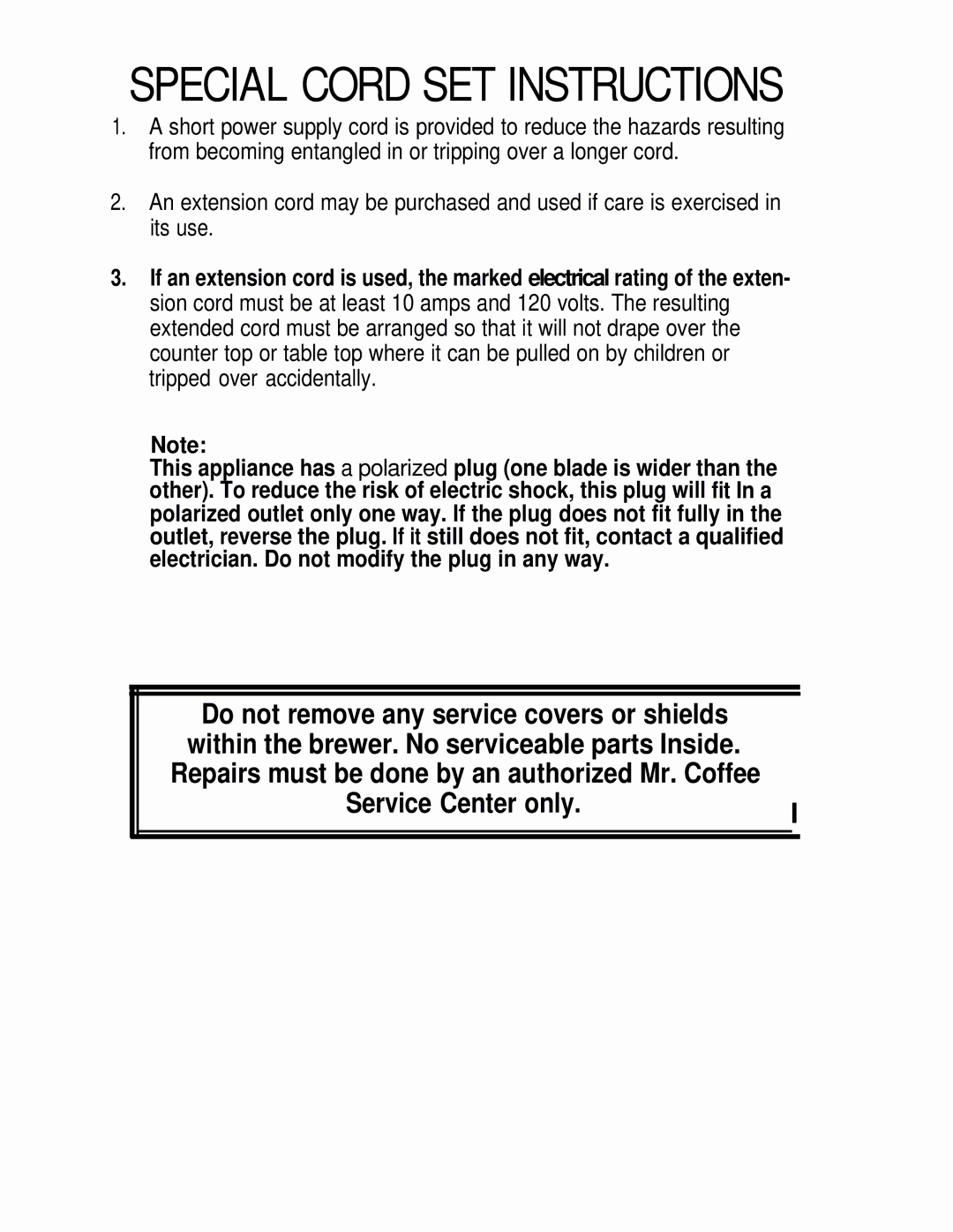 Mr. Coffee TM5, TM10 operating instructions Special Cord SET Instructions 