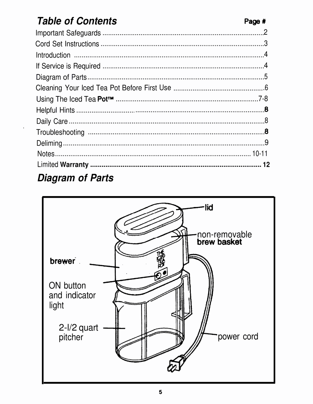 Mr. Coffee TM5, TM10 operating instructions Table of Contents, Diagram of Parts 