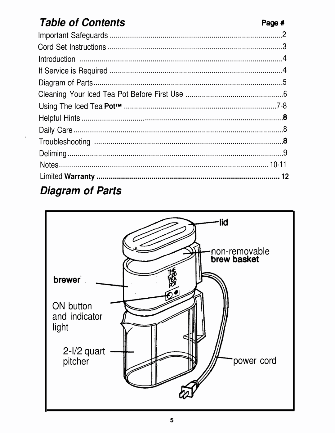 Mr. Coffee TM5 Table of Contents, Diagram of Parts, ON button, and indicator, light, 2-l/2 quart, pitcher, non-removable 