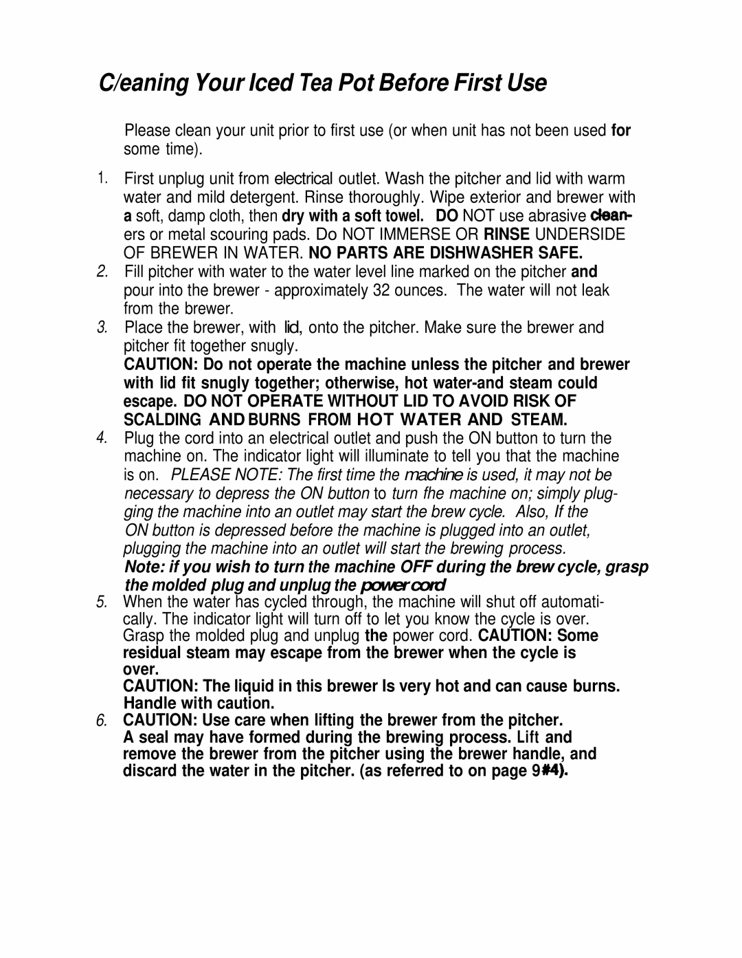 Mr. Coffee TM10, TM5 operating instructions C/eaning Your Iced Tea Pot Before First Use 